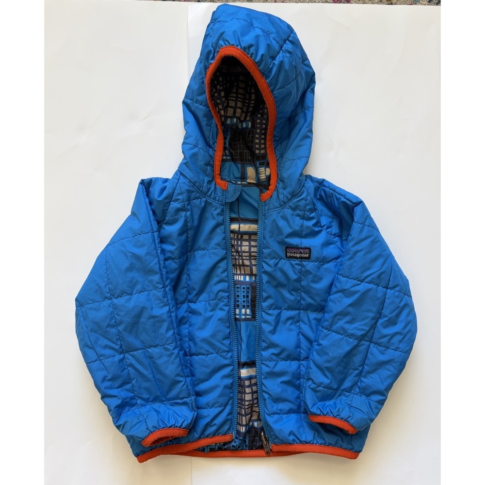 Patagonia Reversible Puff Ball Jacket Est Sz 3T Blue Orange Zip Toddler Hooded